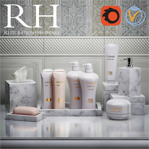 Set for Restoration Hardware bathroom with shampoos and plates